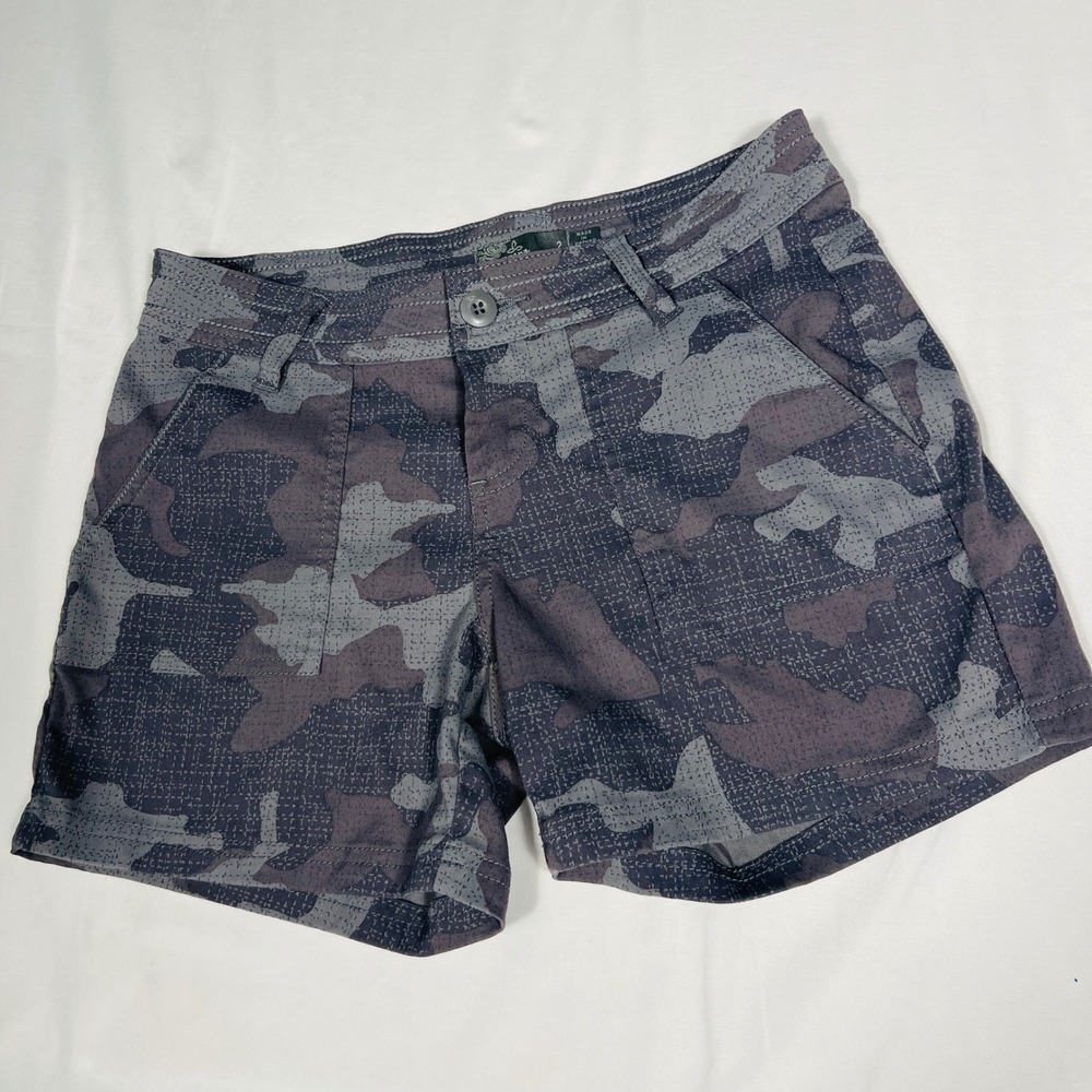 Prana Halle Camo Hiking Shorts Womens Size 2 Gray Stretch Outdoor Climbing